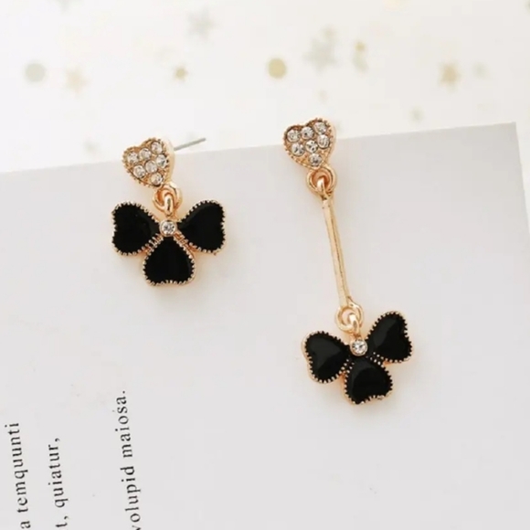 Gold-plated Crystal black mismatched clover Leaf earrings with silver post BOGO - Picture 11 of 14